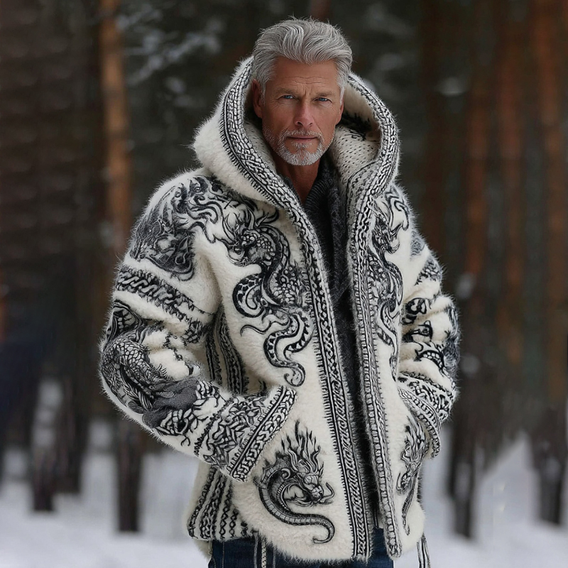 Men's Viking Celtic Dragon Pattern Art Flannel Cozy Warm Zipped Hooded Jacket elevenforest