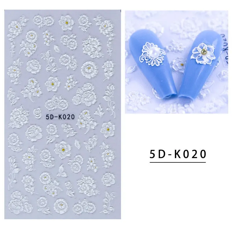 5D Butterfly Nail Sticker Engraved White Flower Sliders Embossed Lace Wedding Nail Art Design Monogram Decals Manicure Tools-Nail Inspo