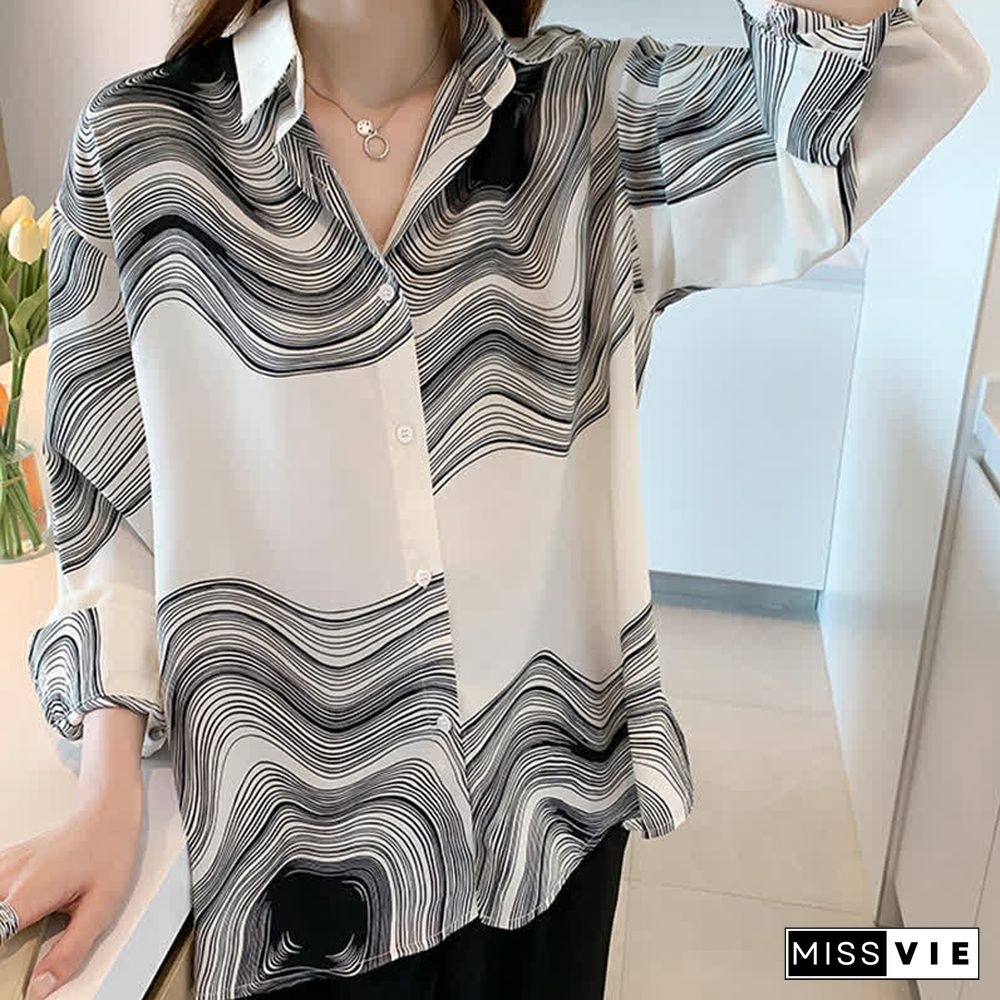 Colorblock Stripe Print Lapel Shirt Workwear