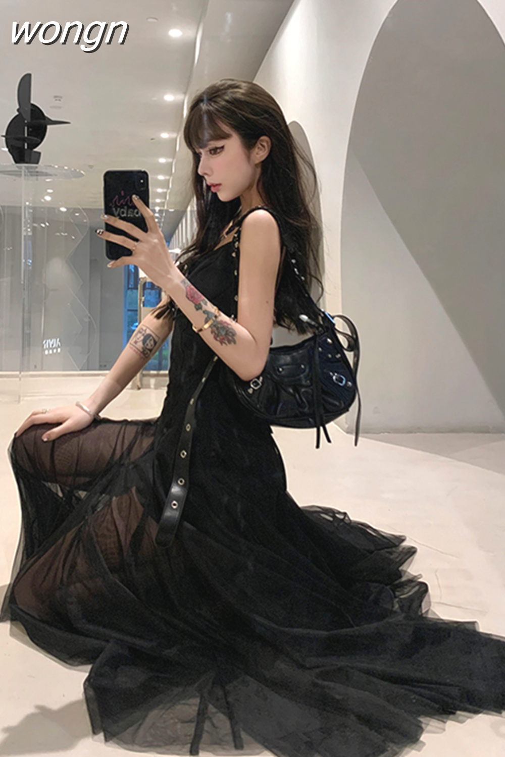 wongn Summer Women's Black Dress Lace Fashion Gauze Skirt Puffy Party Dress Backless Prom French Vintage Long Dresses for Women