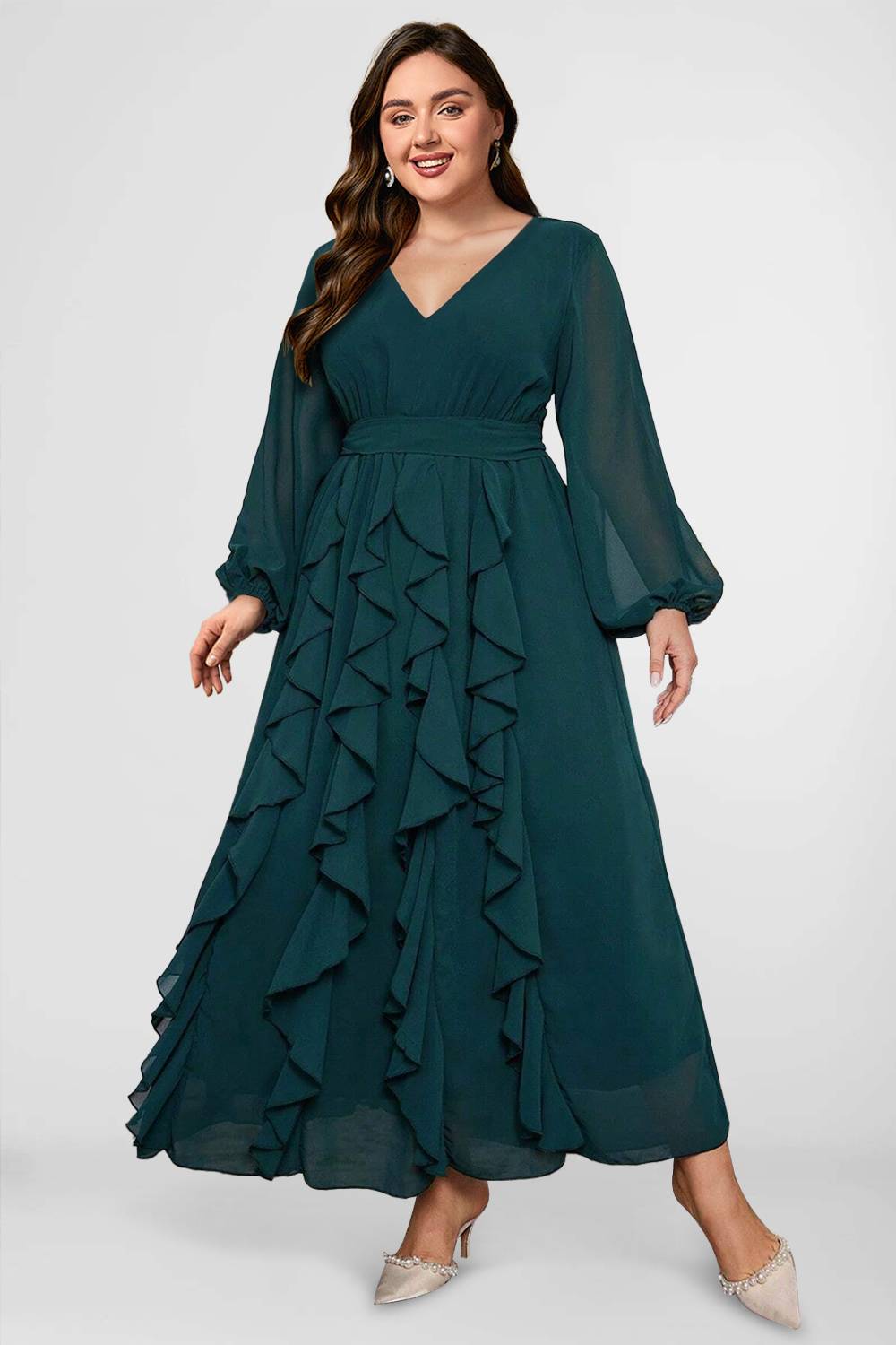 Flycurvy Plus Size Wedding Guest Dark Green Chiffon Ruffle Lantern Sleeve Maxi Dress