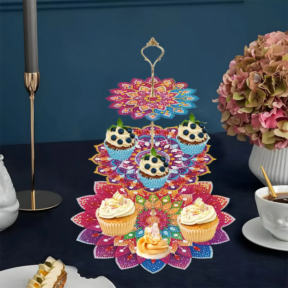 3 Tier 5D DIY Mandala Acrylic Diamond Painting Cupcake Stand for Kitchen Table Decor 