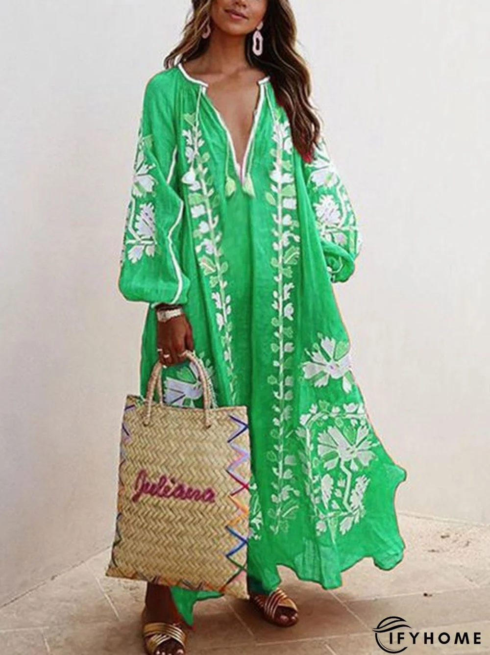 zolucky Women Printed Boho Casual Dress V Neck Holiday Maxi Dress | IFYHOME