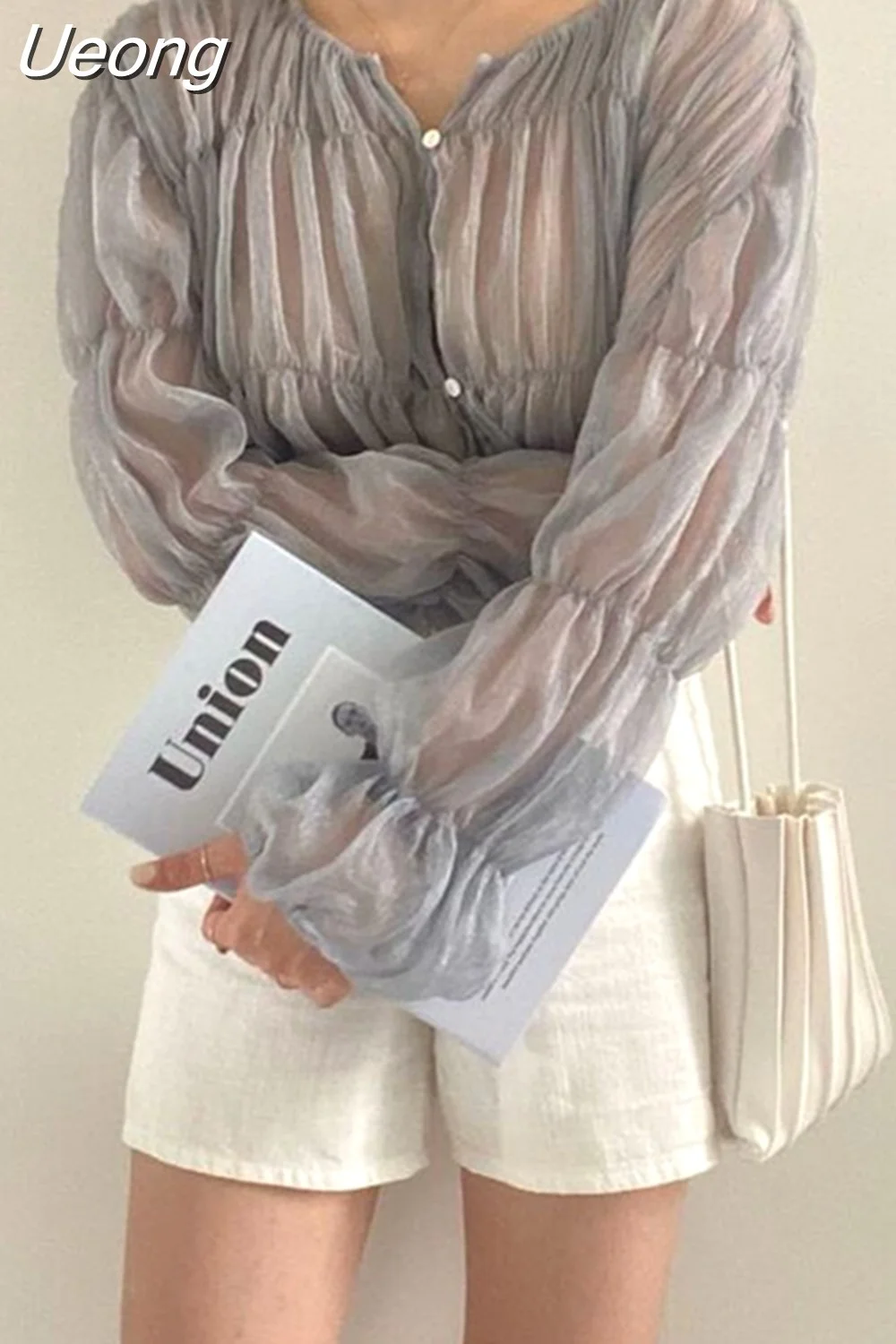 Ueong Fashion Pleated Casual Blouse Women Summer New Loose Folds Perspective Chiffon Shirt Long Sleeve Tops Blusas Mujer 15624