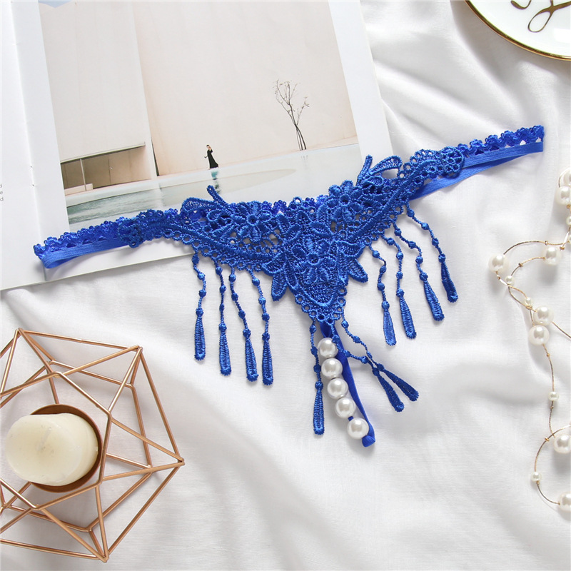 Lovingerie - Sexy Embroidered Tassel Pearl Open Crotch Thong