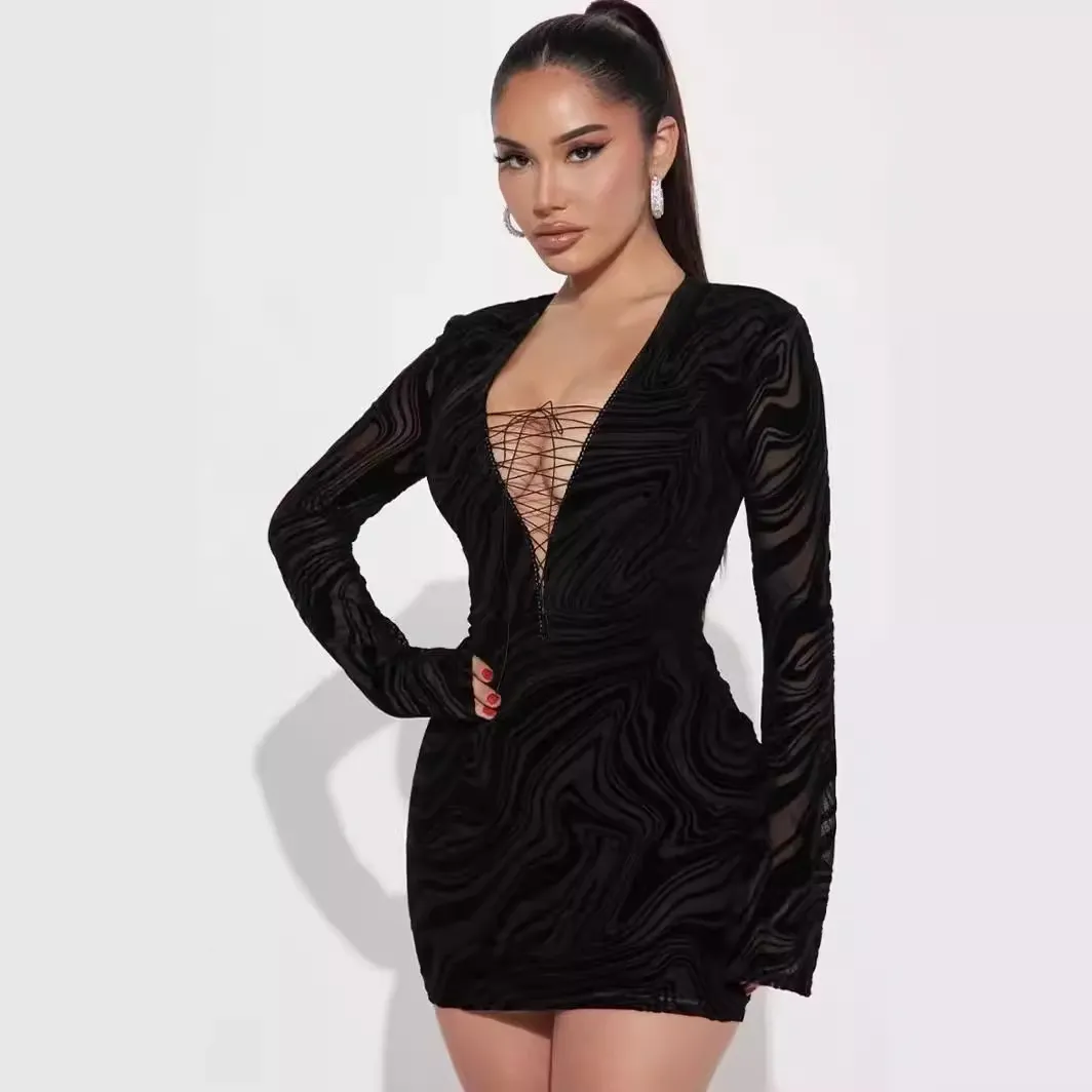 Wave Print Mesh Long Sleeve Deep V Lace Up Bodycon Mini Dress 