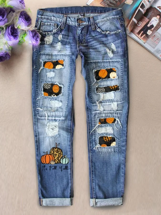 Women's Casual Loose HALLOWEEN PRINT Ripped Jeans