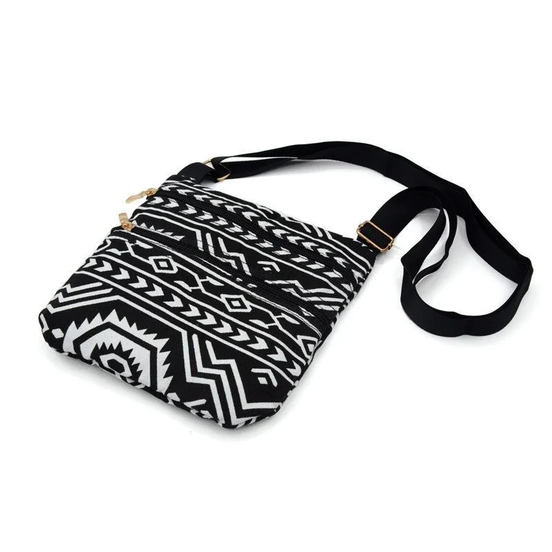 Ladies ethnic simple geometric elements soft canvas messenger bag