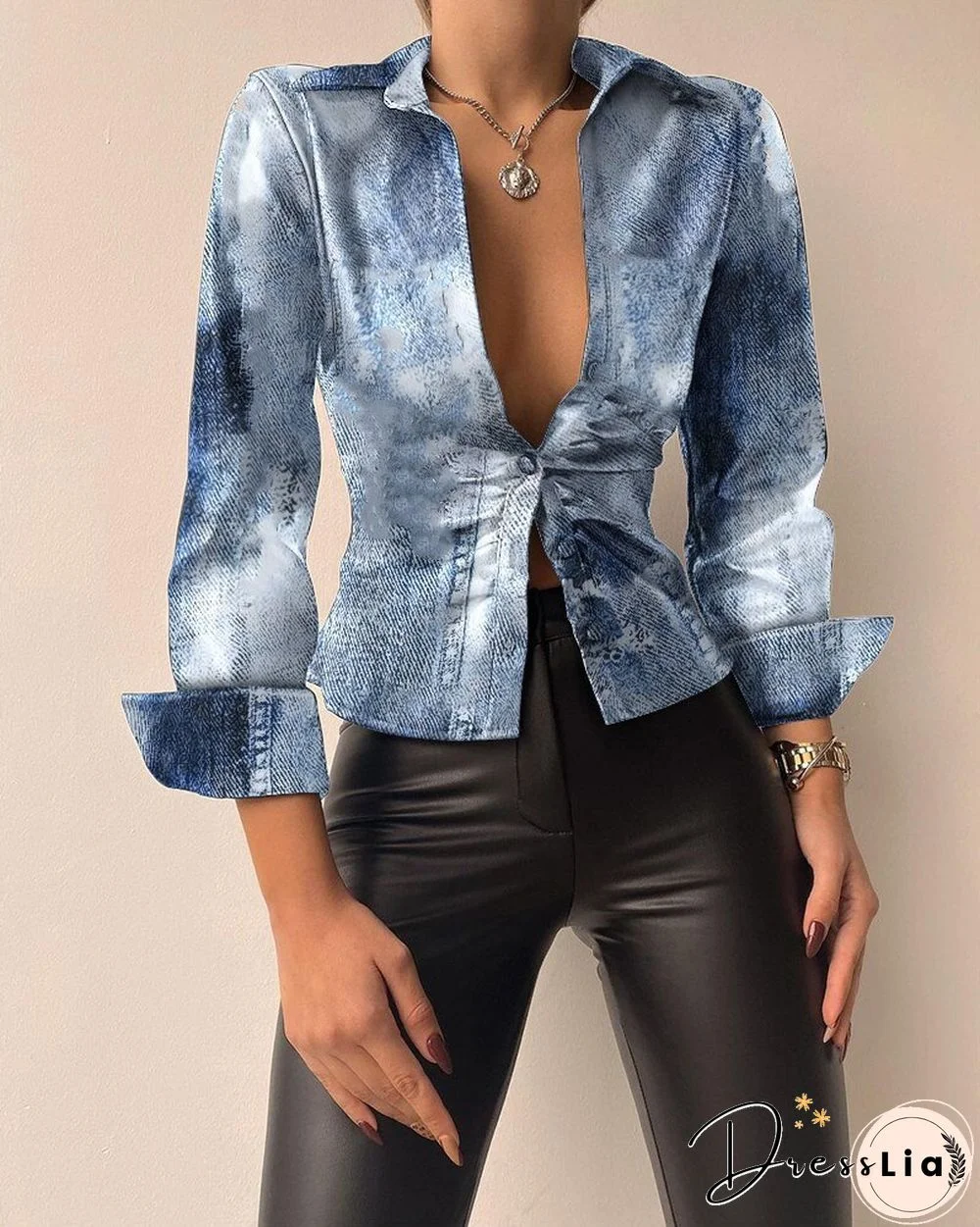 Spring Long-sleeved V-neck PU Leather Stitching Women's Leather Jacket Soldi Color Print Slim Coat Jackets For Women