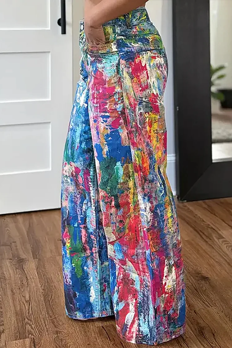 Splash-Ink Painting Print Denim Wide Leg Jeans-Blue