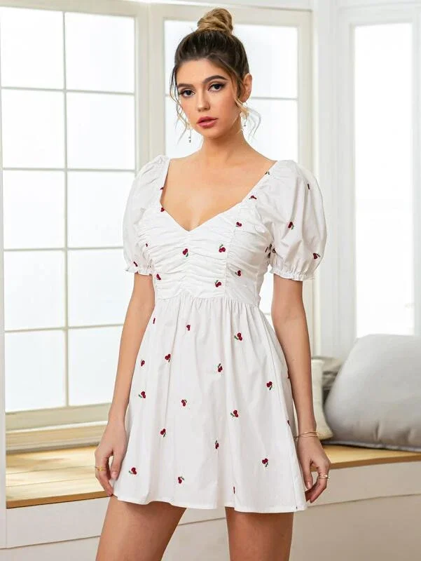 Double Crazy Puff Sleeve Ruched Cherry Print Dress