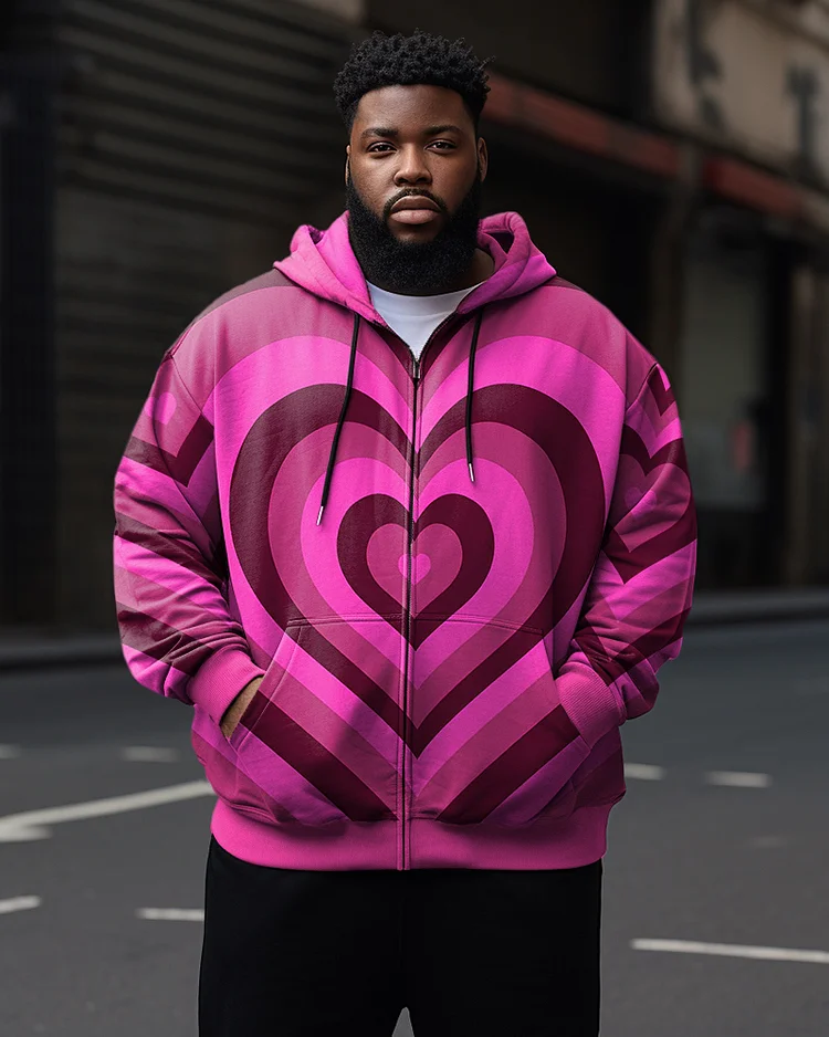 Men's Plus Size Casual Pink Art Launch Heart Zip Hoodie