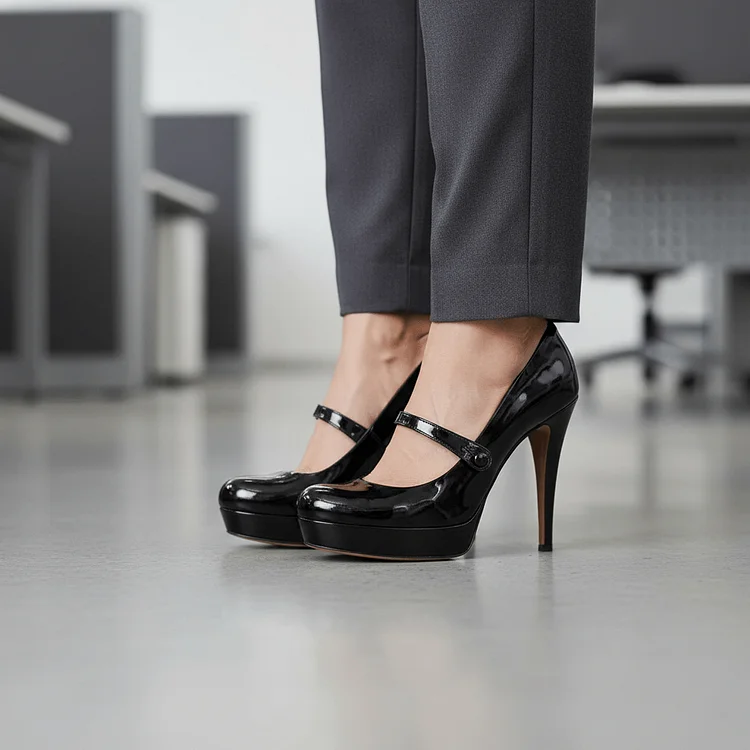 Black Patent Leather Round Toe Mary Jane Vintage Pumps Vdcoo