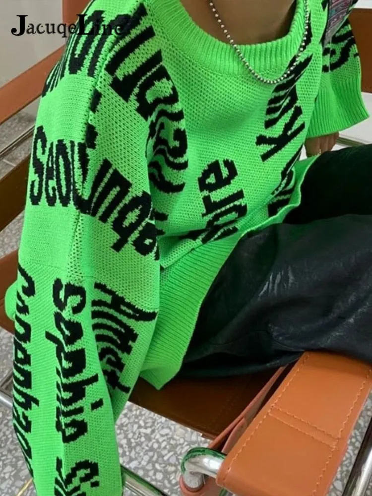 Jacuqeline 2022 Letter Knitted Oversize Women Dress Sweater Y2K Fashion O Neck Long Sleeve Mini Party Dresses  Autumn Winter