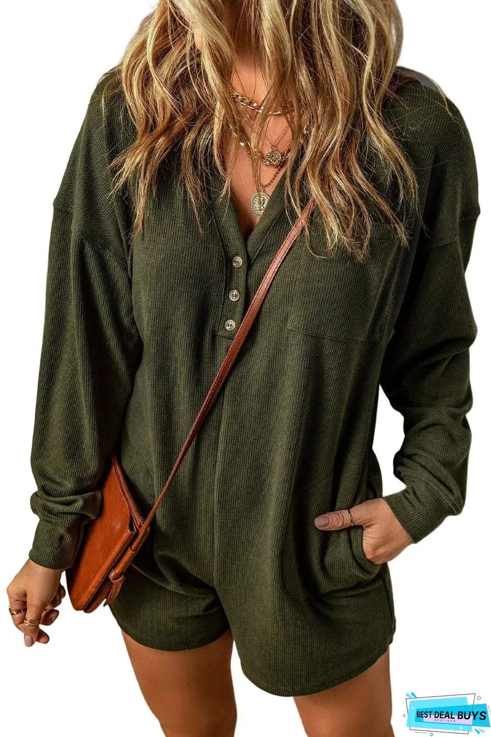 Dark Green Brushed Ribbed Button Split V Neck Long Sleeve Romper