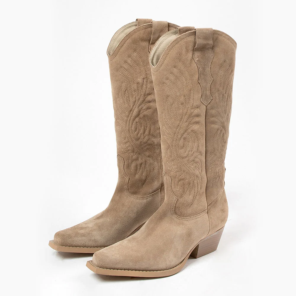 Khaki Snip Toe Chunky Heel Embroidered Mid Calf Cowgirl Boots