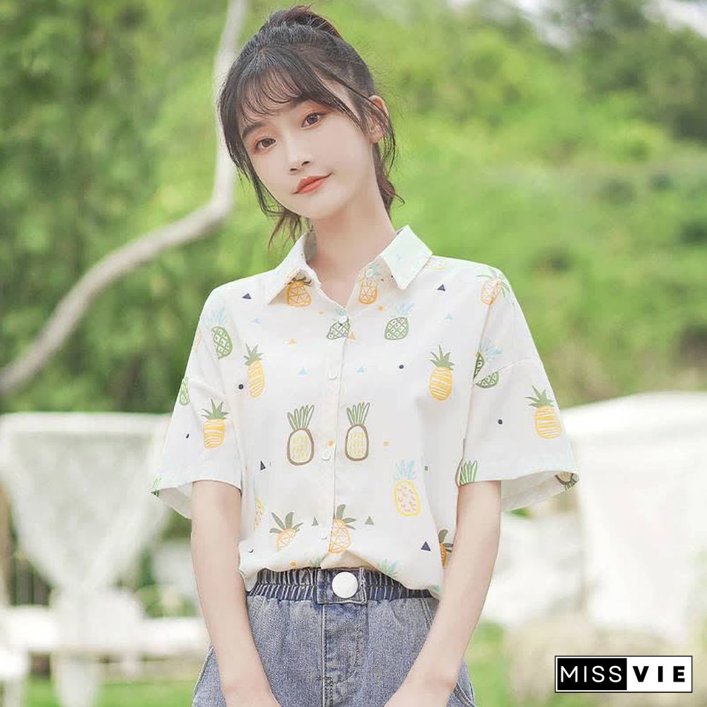 Vintage Pineapple Print Short Sleeve Casual Polo Shirt