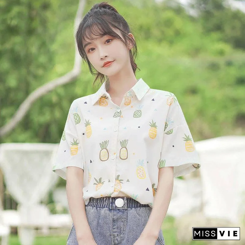 Vintage Pineapple Print Short Sleeve Casual Polo Shirt