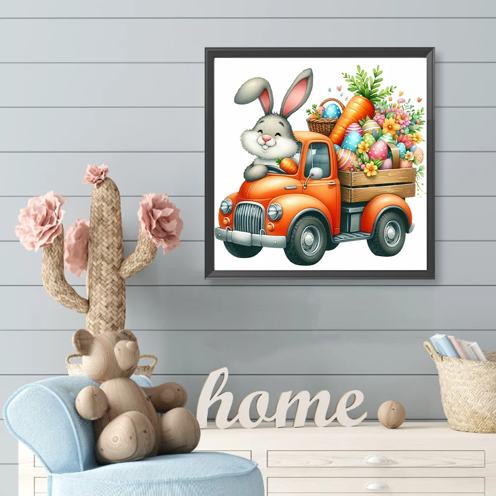 Diamond Painting - Full Round Drill - Easter Bunny Car(Canvas|40*40cm)