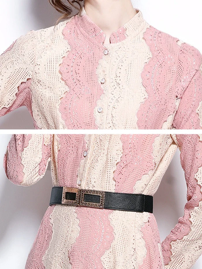 Stand-up Collar Lace Pink Stitching Embroidery Long-sleeved Dress