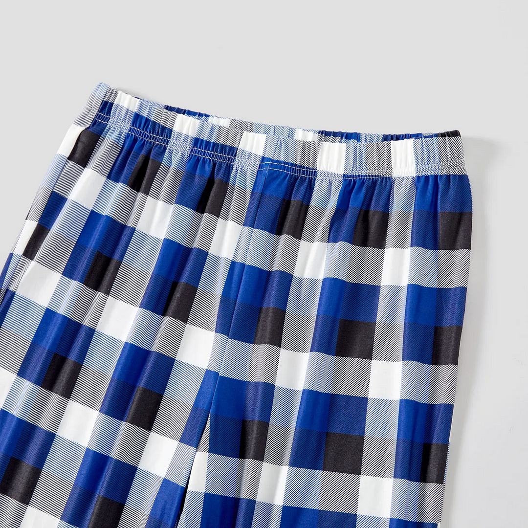 "2024 Family Christmas" Text Printed  Blue and White Plaid Family Matching Pajamas