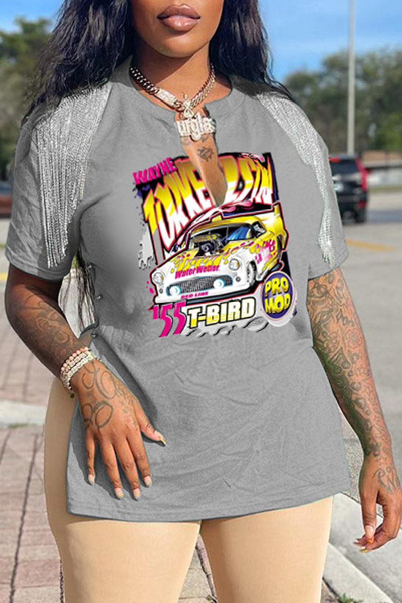 Grey Casual Print Tassel V Neck T-Shirts