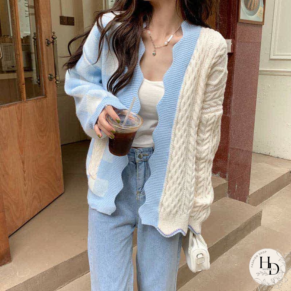 Lattice Print Colorblock Pocket Loose Cardigan Sweater
