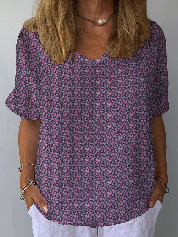 Women's Retro Floral Casual V-Neck Cotton And Linen Top