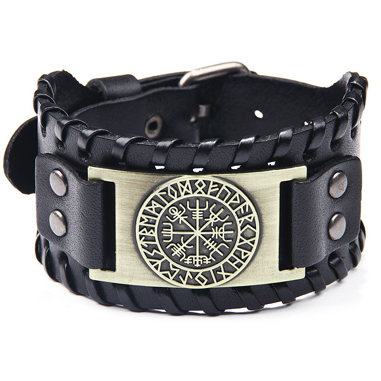 Leather Buckle Arm Cuff With Metal Vegvisir Design