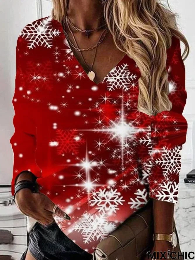 V Neck Casual Loose Christmas Sweatshirt