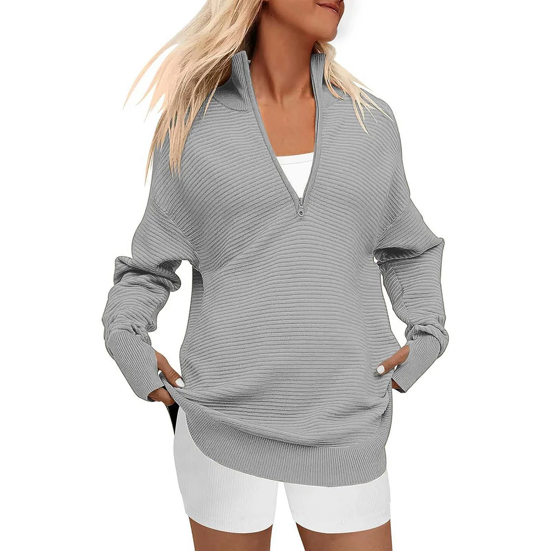 Wongn Wongn Hot Style Women's Long Sleeve Half Zipper V-Neck Casual Rib Knit Sweater Women's Jumper