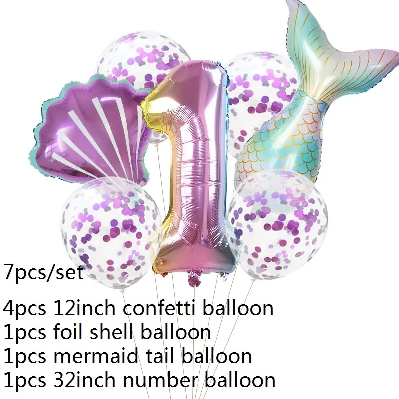 7pcs Mermaid Party Balloons 0 1 2 3 4 5 6 7 8 9 Number Foil Balloon Kids Birthday Party Decorations Baby Shower Helium Globos