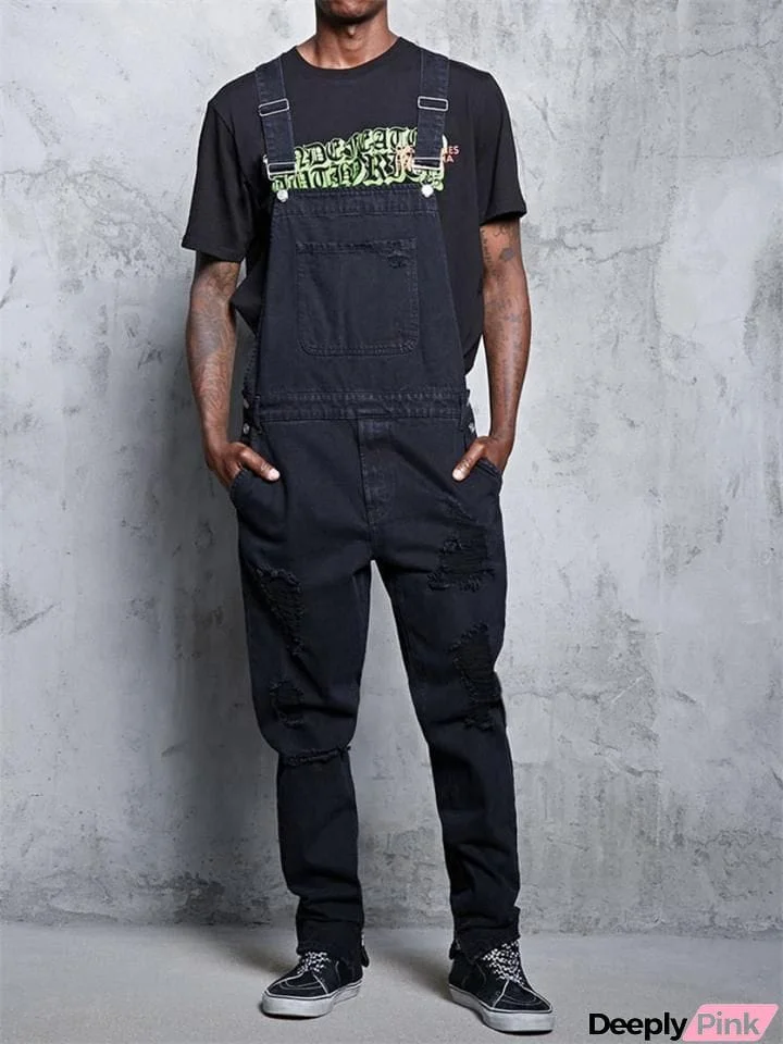 Men's Ripped Frayed Loose Long Pants Denim Jumpsuits Overalls