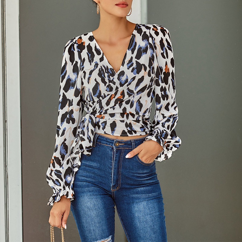 Women V-Neck Lace Up Leopard Printing Short Blouses