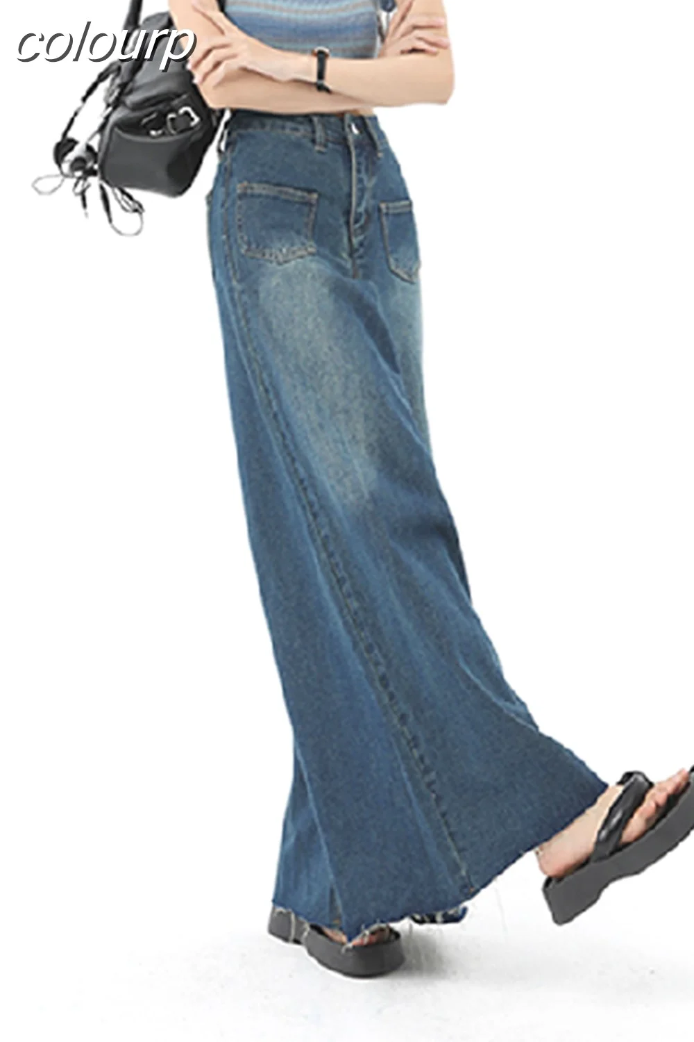 colourp Women's Vintage High Waist Streetwear Style Blue Oversized Jeans Pants Korean Fashion Wide Leg Baggy Y2K Loose Denim Trouser
