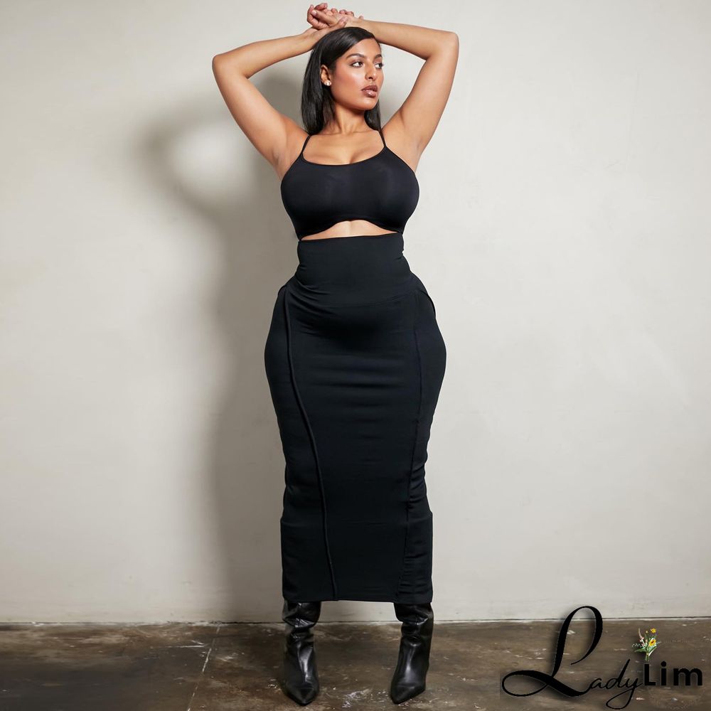 Women's Fashion Solid Color High Waist Elastic Tummy Control Patchwork Car Trim Maxi Dress