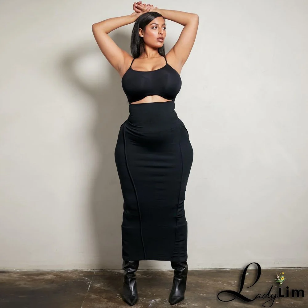 Women's Fashion Solid Color High Waist Elastic Tummy Control Patchwork Car Trim Maxi Dress