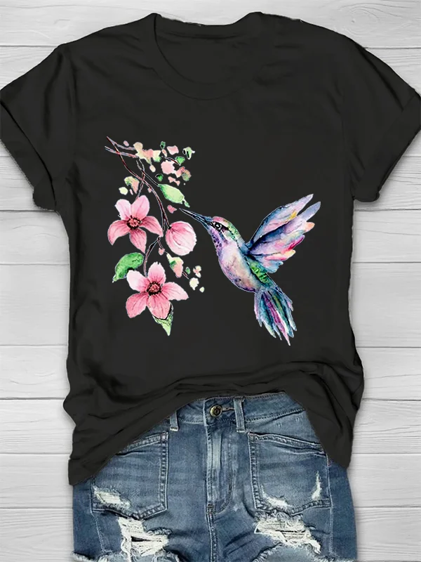 Spring Hummingbird Printed Crew Neck Women's T-shirt