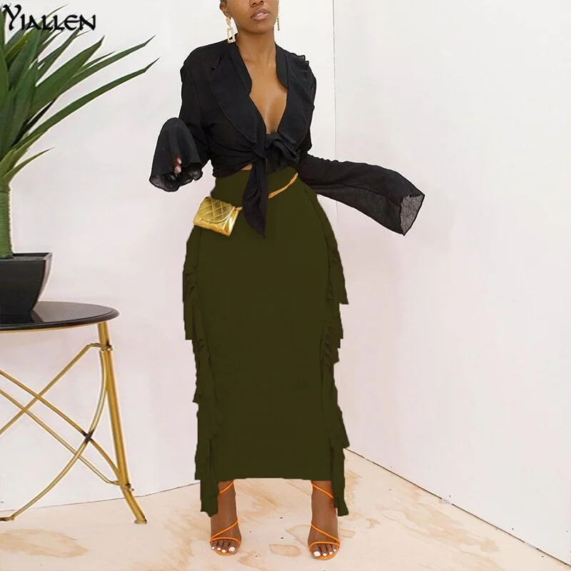 YiAllen Summer Fashion Side Tassel High Waist Long Skirts Women Skinny Stretch Bottoms Clothing Trend Wild Bottoms Streetwear