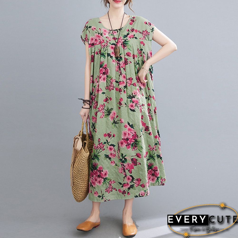 Women Summer Short Sleeve Crew Neck Loose Baggy Floral Printed Long Midi Shirt Dress Holiday Plus