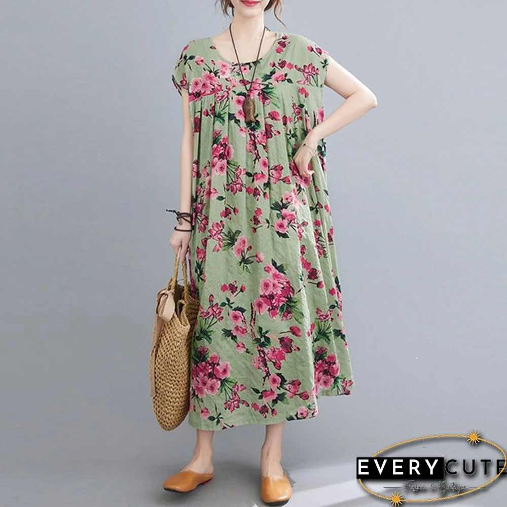 Women Summer Short Sleeve Crew Neck Loose Baggy Floral Printed Long Midi Shirt Dress Holiday Plus