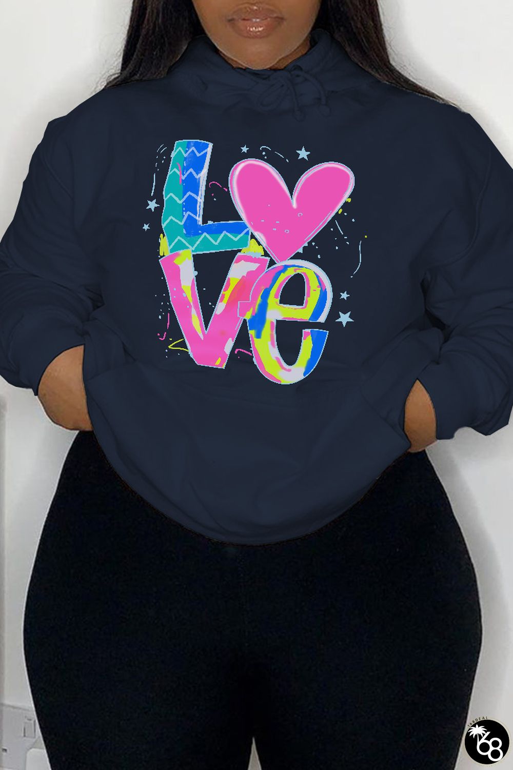 Navy Blue Casual Daily Print Draw String Letter Hooded Collar Tops | 168DEAL