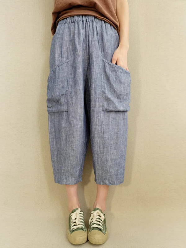 Solid Color Cotton And Linen Cropped Trousers hjn Shicloths