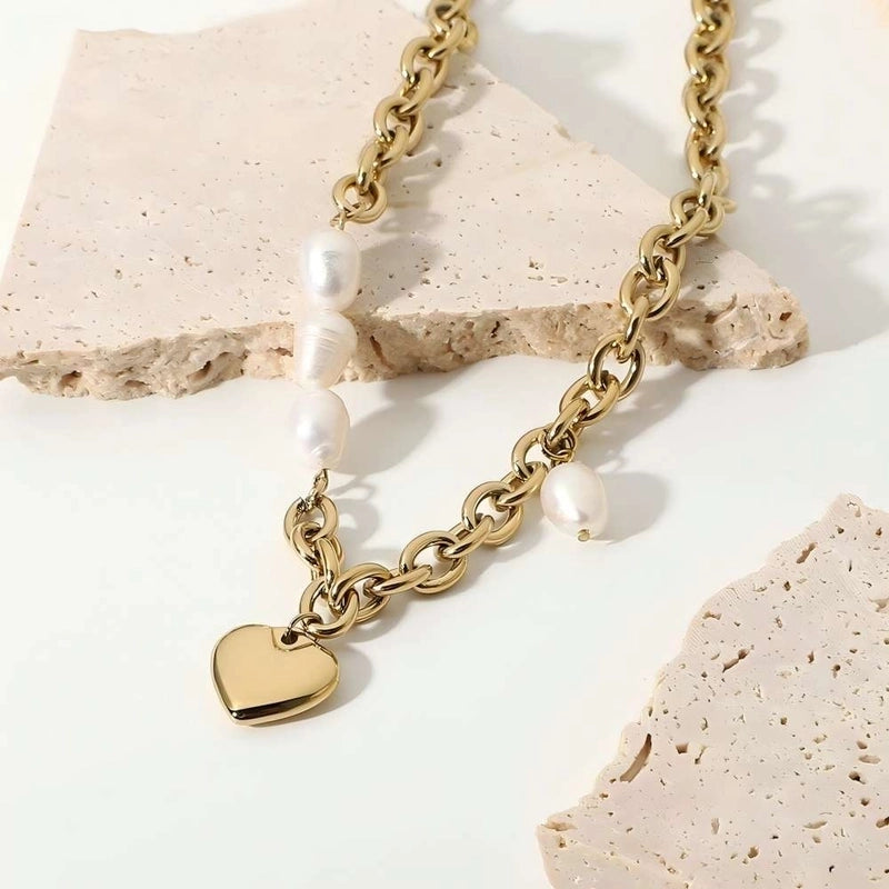 IG Style Fairy Style Sweet Heart Shape 304 Stainless Steel Pearl 18K Gold Plated Inlay Stainless Steel Necklaces