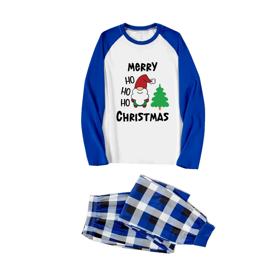 "HO HO HO Merry Christmas" 2024 Blue & White Long Sleeve Top with Blue & Black & White Plaid Family Matching Pajamas