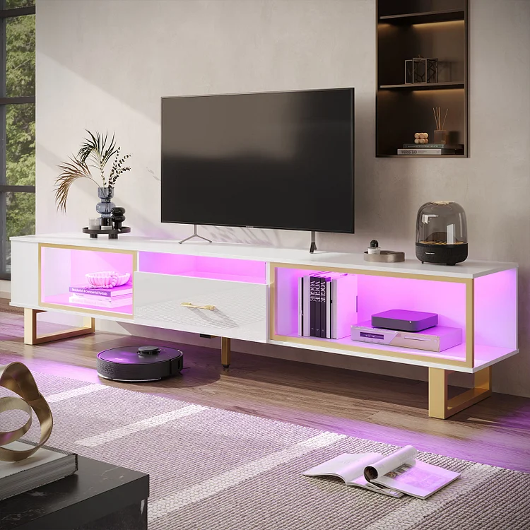 Bestier LED TV Stand for TVs up to 85", High Glossy Entertainment Center with Drawer & Storage Shelves
