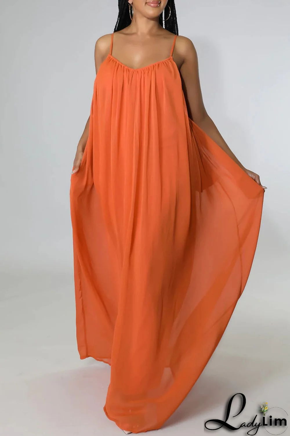 Orange Red Casual Solid Split Joint Backless Spaghetti Strap Sling Dress Dresses