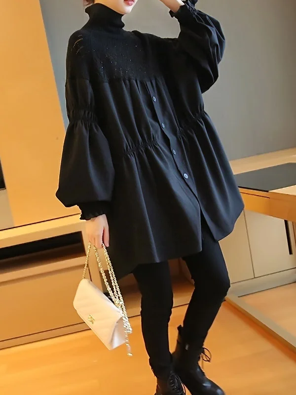 Stylish A-Line Puff Sleeves Split-Joint Pure Color High-Neck Mini Dresses