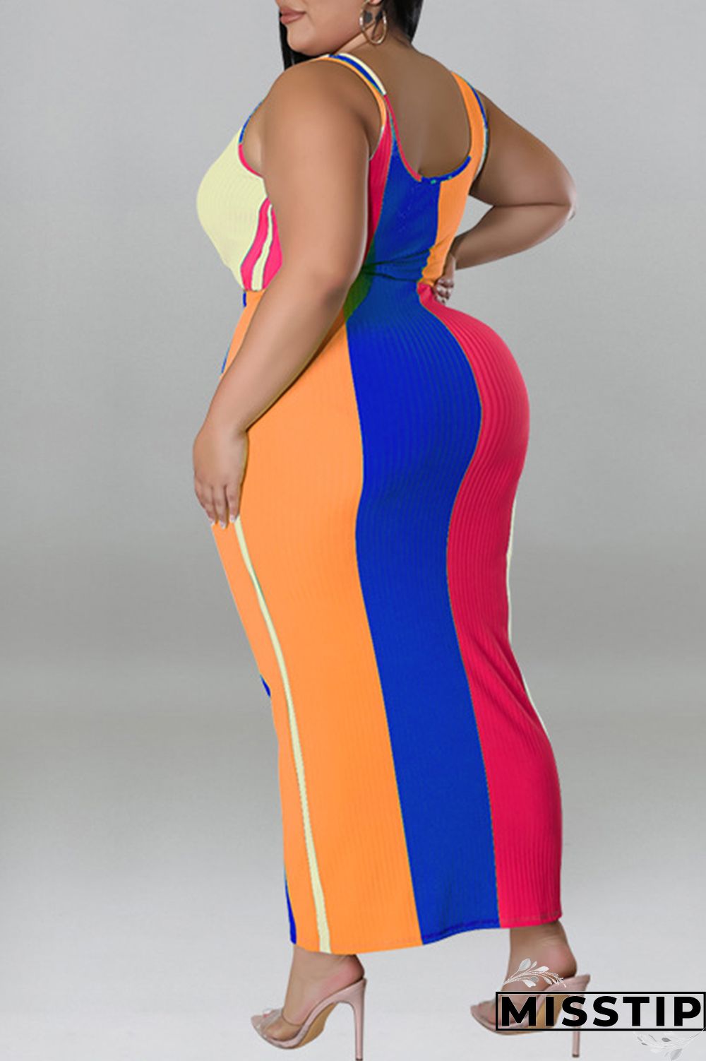 Blue Fashion Casual Striped Print Patchwork Contrast U Neck Plus Size Two Piece Set