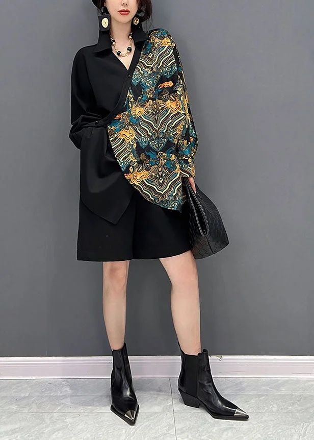 4.15Chic Black Oversized Asymmetrical Design Print Shirt Spring